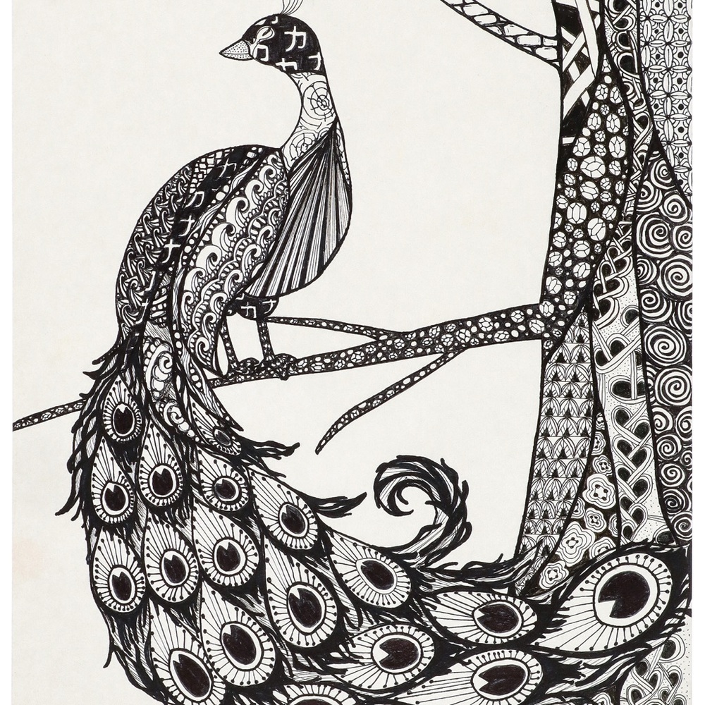 Elegant Black and White Peacock Zentangle